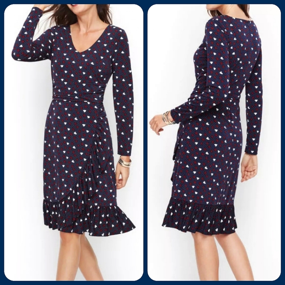 NWOT Talbots Navy Ruffled Polka-dot Midi Dress With Red&White Hearts - Picture 2 of 2